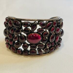 Vintage Handcrafted Silver Natural Garnet Heavy Wide Cuff Bracelet